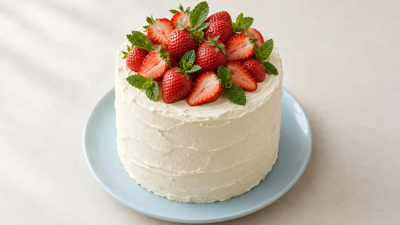 A white frosted cake topped with fresh strawberries on a pale-blue plate