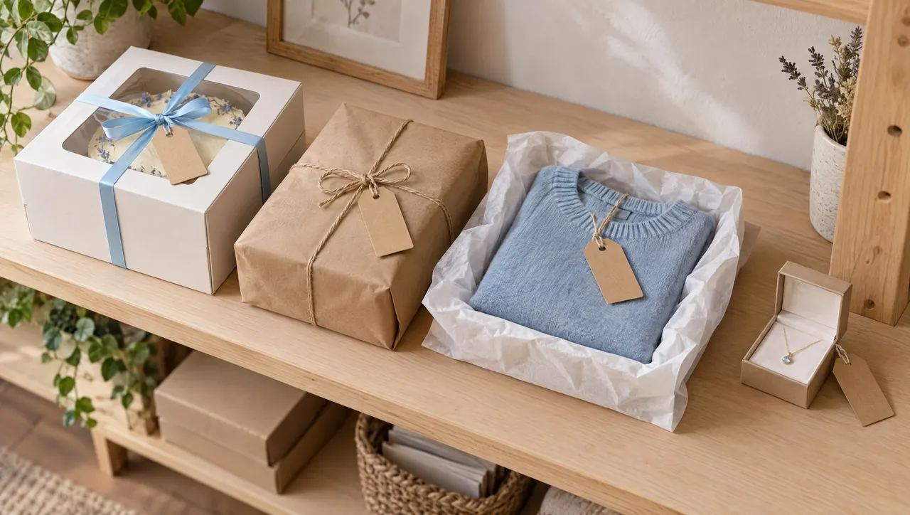 A small business shelf seen at an angle: different kinds of orders side by side, a cake box, a wrapped kraft parcel, a folded garment in tissue and a small jewellery box, each with a blank kraft tag, one tied with pale-blue ribbon.