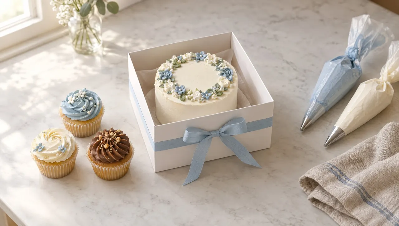 A home baker's counter: three decorated cupcakes, a small celebration cake in a plain white box with a pale-blue ribbon, piping bags and a folded linen cloth.