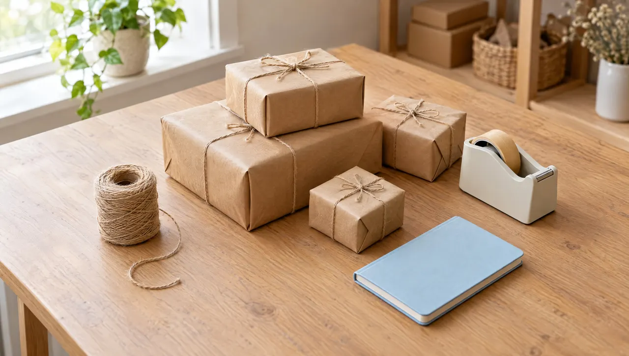 A tidy small-business packing station: stacked kraft parcels of different sizes, a roll of twine, a paper tape dispenser and a pale-blue notebook, closed.