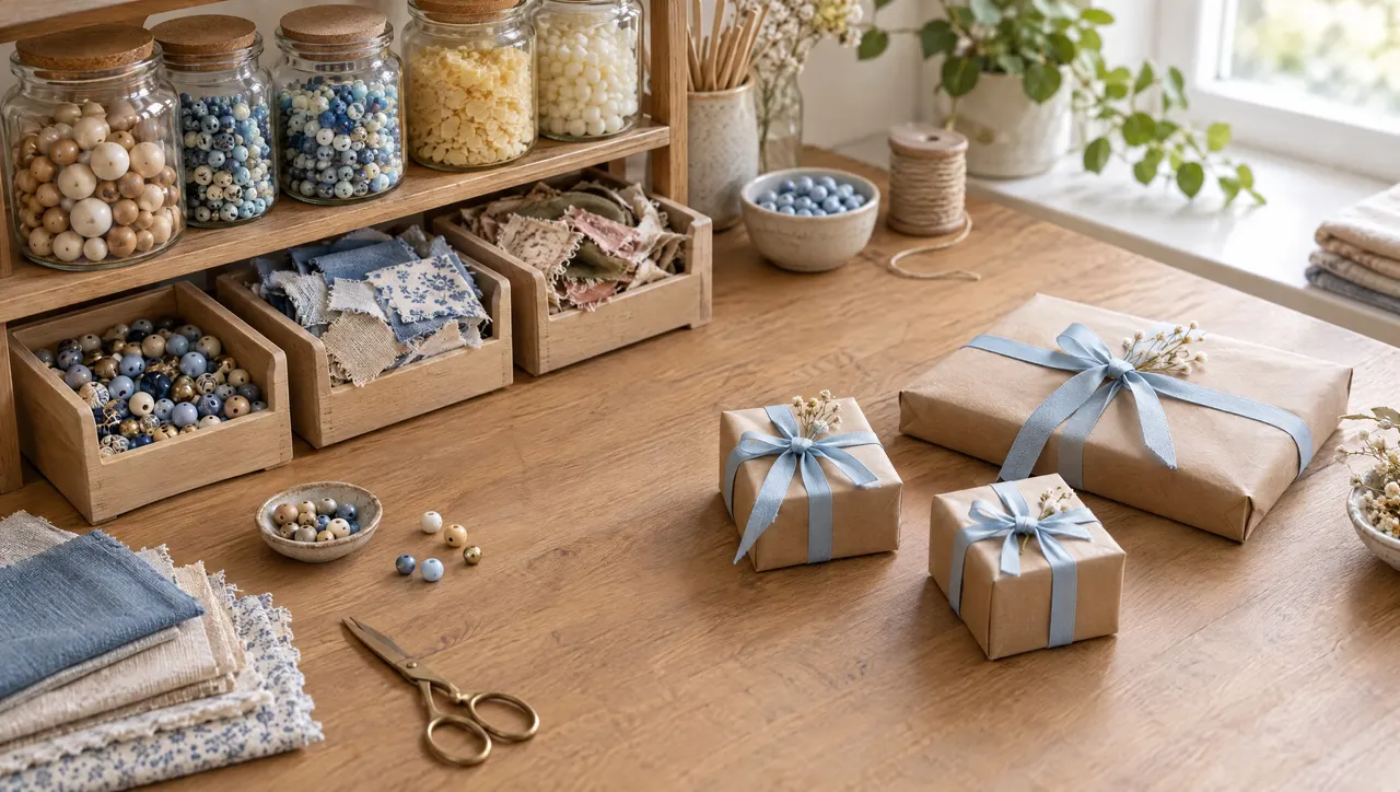 A maker's shelf of raw materials in jars and small bins (beads, wax, fabric scraps) beside a few finished parcels tied with pale-blue ribbon.