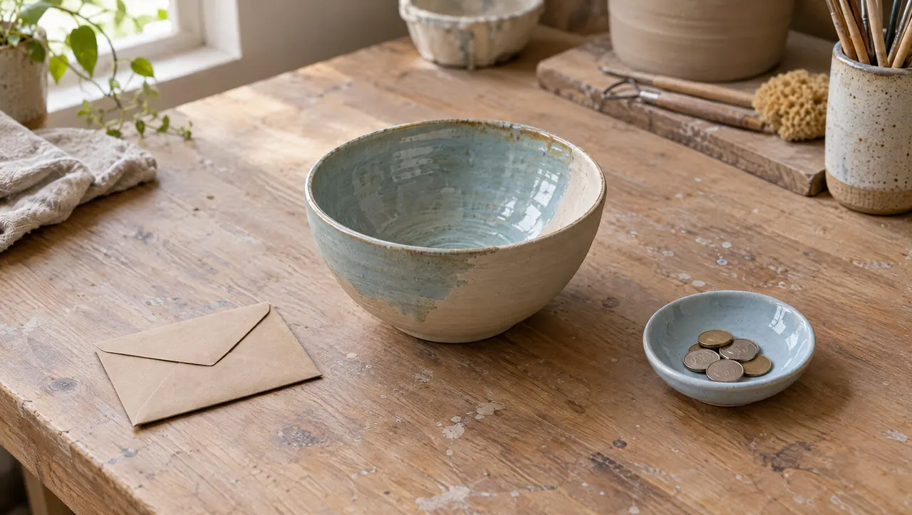 A handmade custom order half-finished on a workbench: a ceramic bowl mid-glaze beside a small plain kraft envelope and a few unmarked coins in a pale-blue ceramic dish, a calm balance of work and payment.