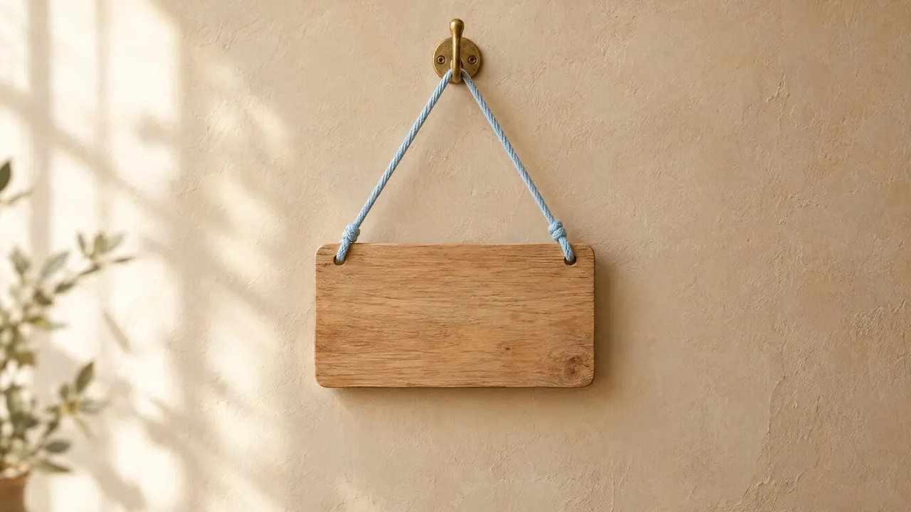 A small blank wooden sign hanging from a brass hook by pale-blue cords on a warm plaster wall