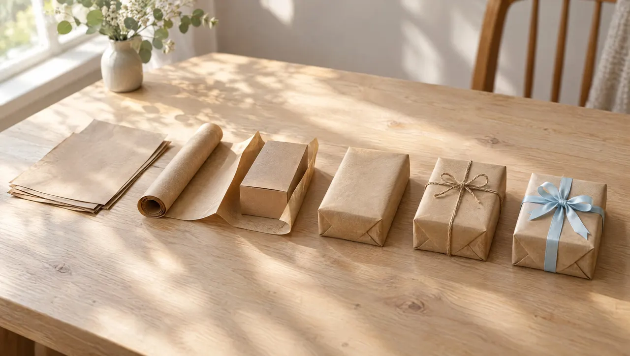 A row of wrapped parcels on a sunlit table lined up from unwrapped materials to a finished tied parcel.