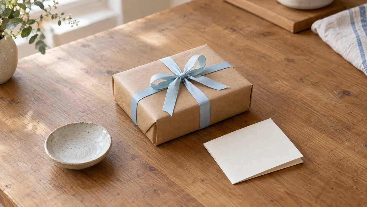 A finished custom order waiting on a wooden counter: a neatly wrapped kraft parcel tied with pale-blue ribbon, a blank folded paper card beside it, and a small empty ceramic dish, quiet and slightly unresolved.