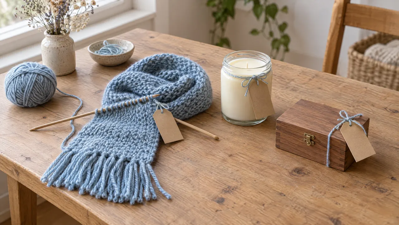 A small workshop table with a few custom orders in progress: a knitted scarf on needles, a candle in a jar, a jewellery box, each with a blank kraft tag, pale-blue twine.