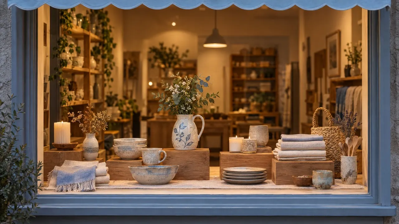 A small shop window at dusk with handmade goods on wooden risers under a pale-blue awning