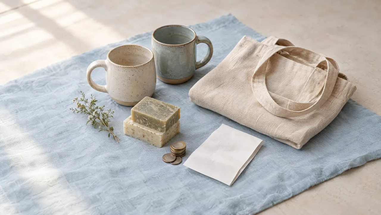 A maker's handmade goods (ceramic mugs, a linen tote, soap bars) arranged beside a small stack of coins and a folded paper receipt with nothing written, pale-blue linen underneath.