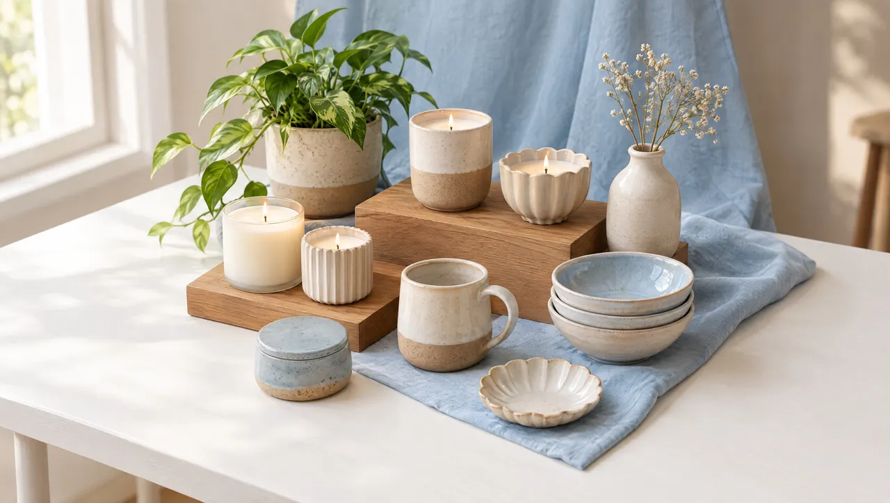 A small styled product display on a white table for a home seller: handmade candles and ceramics on wooden risers, a potted plant, a pale-blue backdrop cloth.