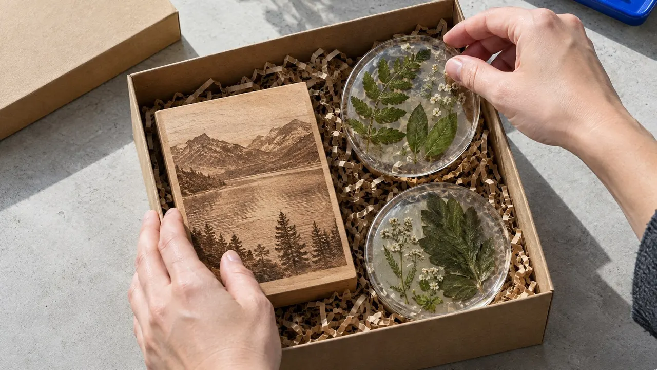 Hands placing resin coasters and an engraved wooden block into a gift box