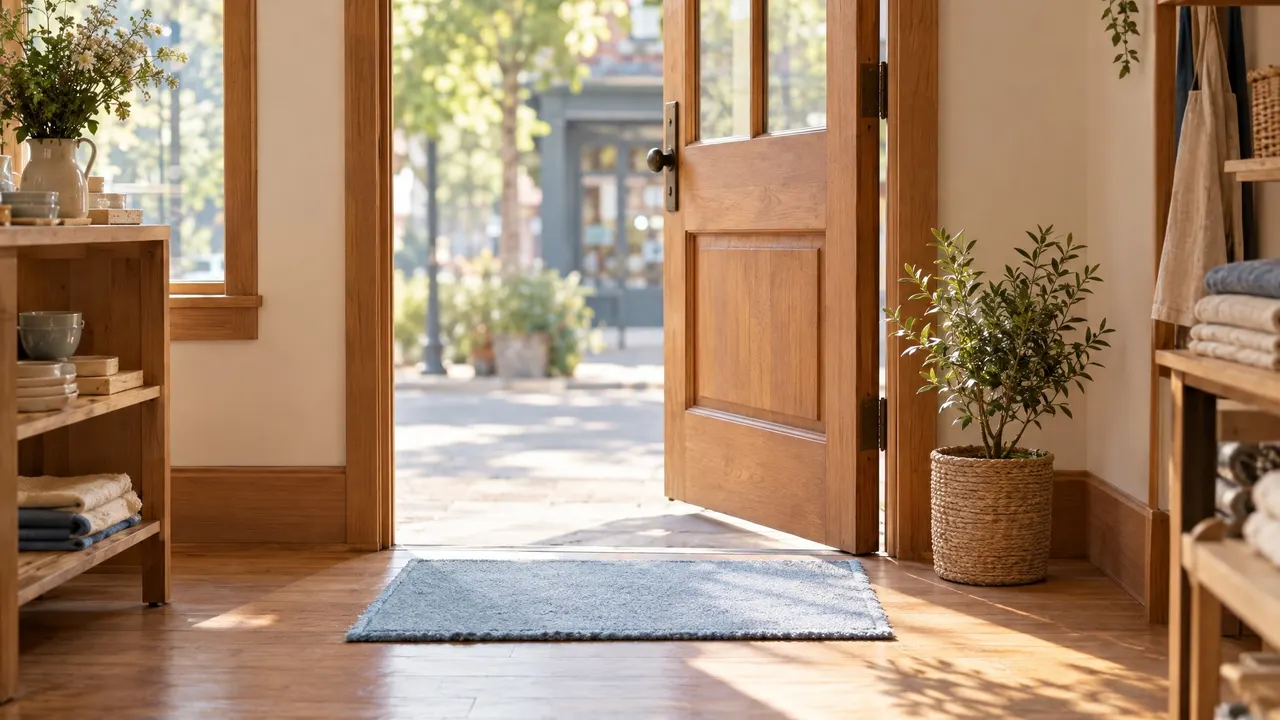 An open wooden shop door seen from inside, with morning light, a pale-blue doormat and a potted plant