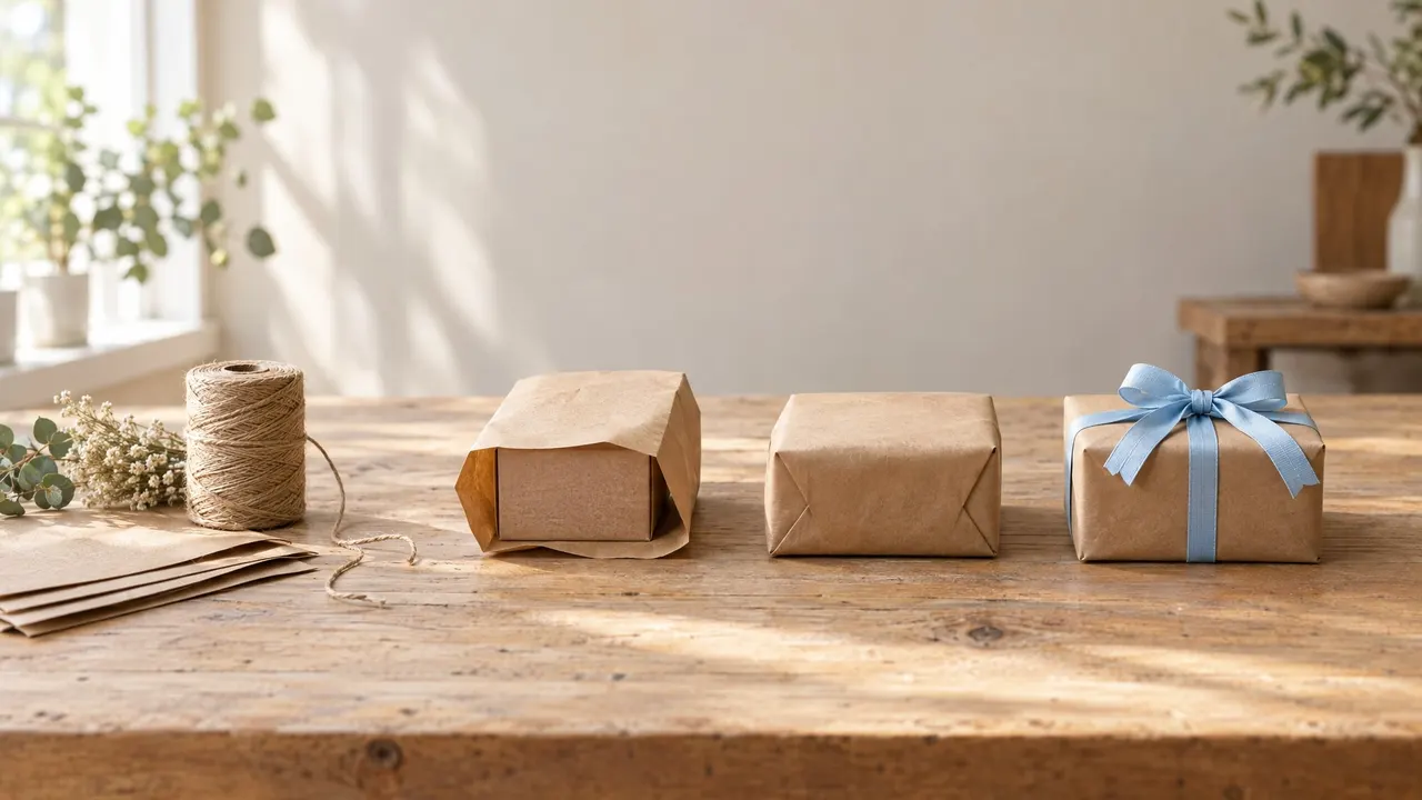 Four kraft parcels on a sunlit workbench, from loose twine to a parcel tied with a pale-blue ribbon