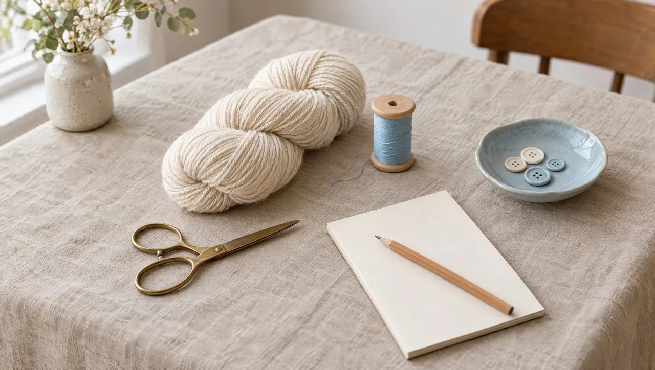 A maker's pricing moment on a linen-covered table: a skein of cream yarn, a wooden spool of pale-blue thread, a pair of brass scissors, a pencil resting on a blank paper notepad, and a pale-blue ceramic dish holding a few buttons.