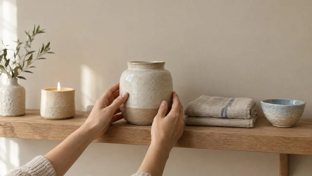 Hands placing a handmade ceramic jar on a wooden shelf beside a candle, folded linen and a small bowl