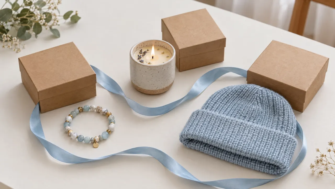 A styled flat-lay for a small online seller: three handmade items (a beaded bracelet, a small scented candle, a folded knitted beanie) on a white table, each beside a blank kraft gift box, with a pale-blue silk ribbon looping between them.
