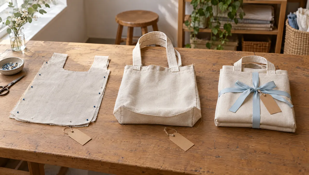 A small workshop bench with orders at different stages: a cut piece of fabric with pins, a half-sewn tote bag, and a finished folded tote tied with pale-blue ribbon, lined up left to right with blank kraft tags.