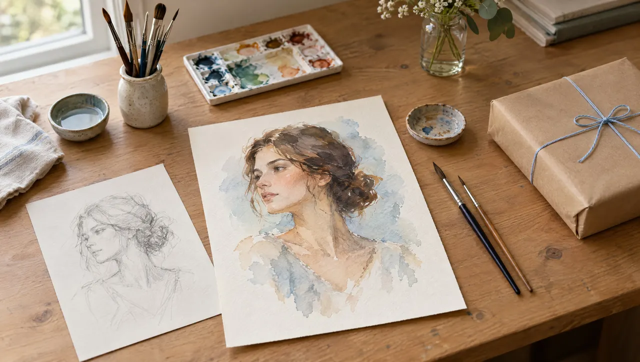 An artist's desk with a commission in progress: a watercolour portrait on paper, a rough pencil sketch beside it, brushes in a jar, and a flat parcel wrapped for delivery with pale-blue string.