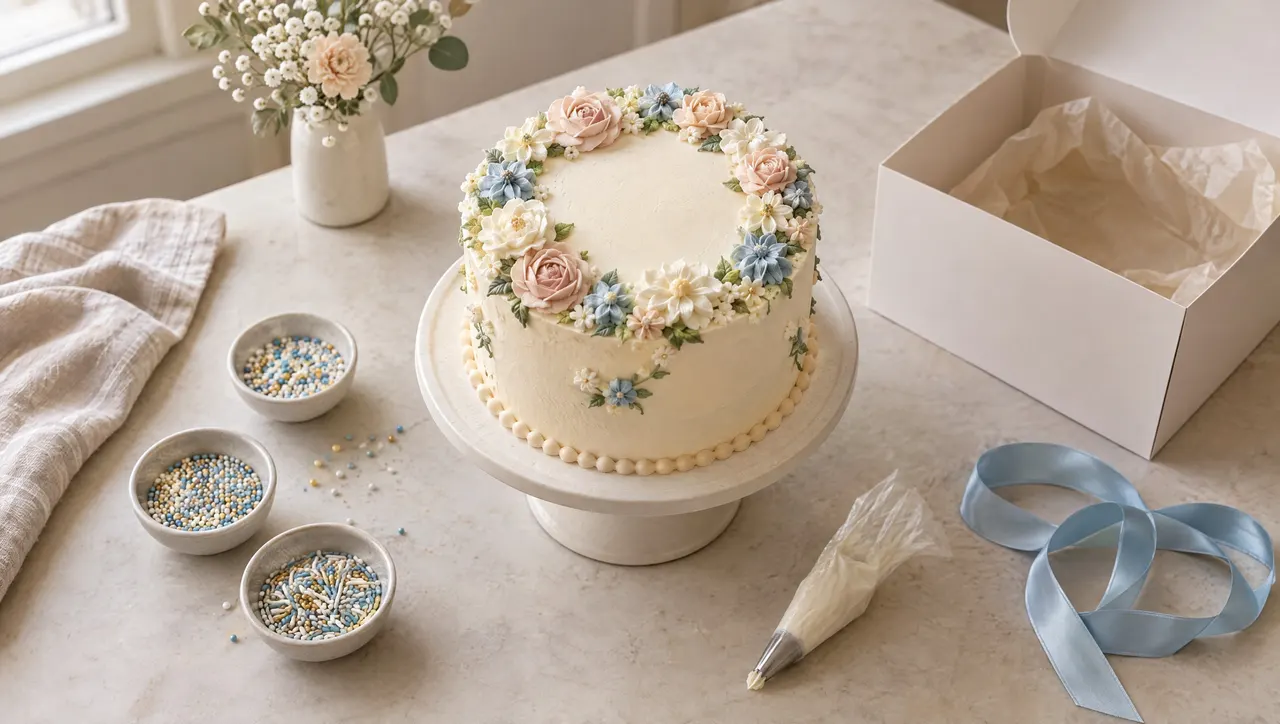 A custom birthday cake on a stand being finished with piped flowers, a cake box open beside it, sprinkles in small bowls, a pale-blue ribbon ready to tie.