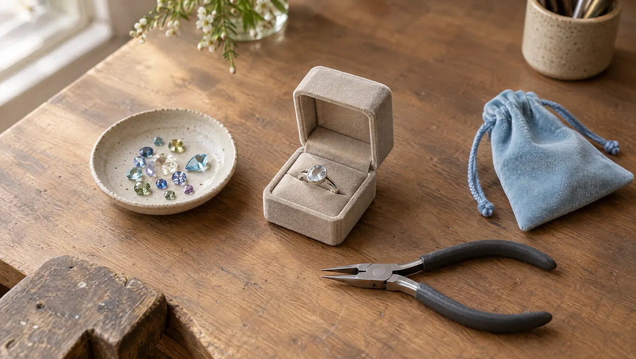 A jeweller's bench: a finished silver ring in an open small box, loose gemstones in a shallow dish, fine pliers and a pale-blue velvet pouch.