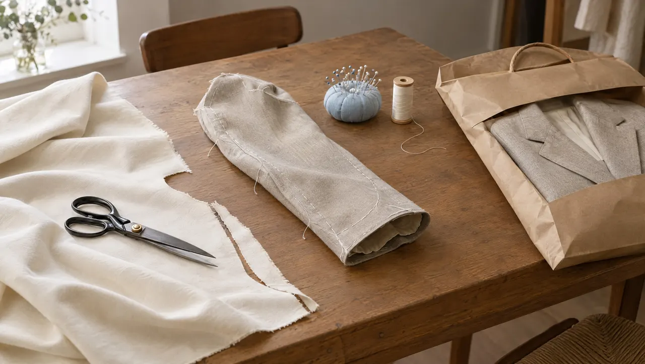 A small tailoring workshop table: a length of ivory cotton fabric partly cut with tailor's shears resting on it, a half-made jacket sleeve with loose white tacking stitches, a pale-blue pincushion full of pins, a spool of thread, and a finished garment folded in a plain kraft garment bag ready for pickup.