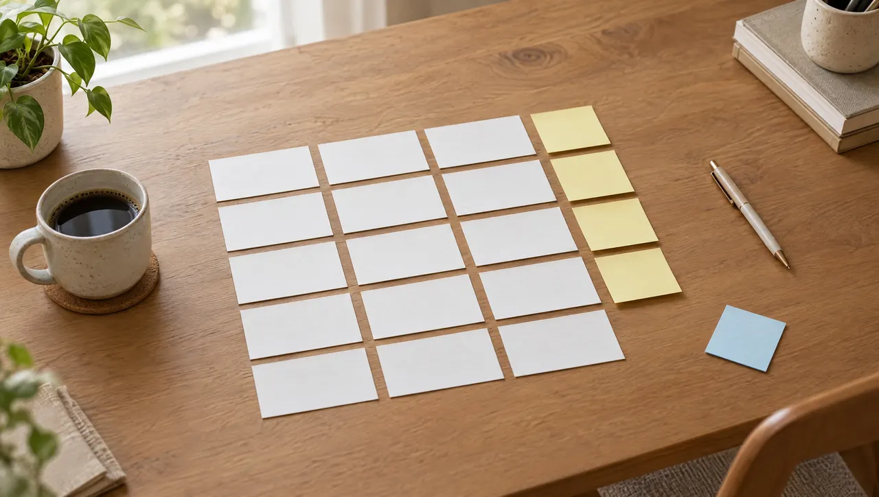 A freelancer's desk with a grid of blank index cards and blank sticky notes arranged like a board, a pen, a cup of coffee, and one pale-blue card set apart.
