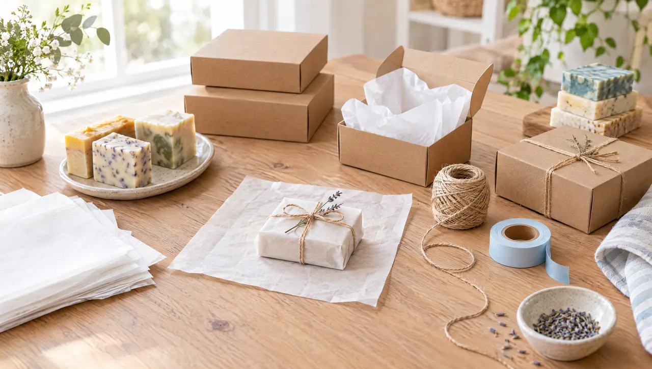 An Instagram maker's packing table: handmade soaps being wrapped in paper, kraft boxes, tissue, twine, a pale-blue tape roll, bright airy home setting.