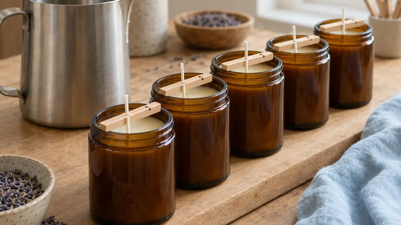 A row of amber jar candles setting on a wooden bench, with wicks held straight while the wax cools