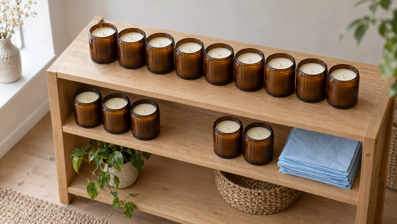 A small maker's wooden shelf of finished goods ready to sell: neat rows of identical hand-poured candles in plain unlabelled amber glass jars, one row full, the next row down to its last two jars with an obvious empty gap, a small stack of folded pale-blue tissue paper beside them.