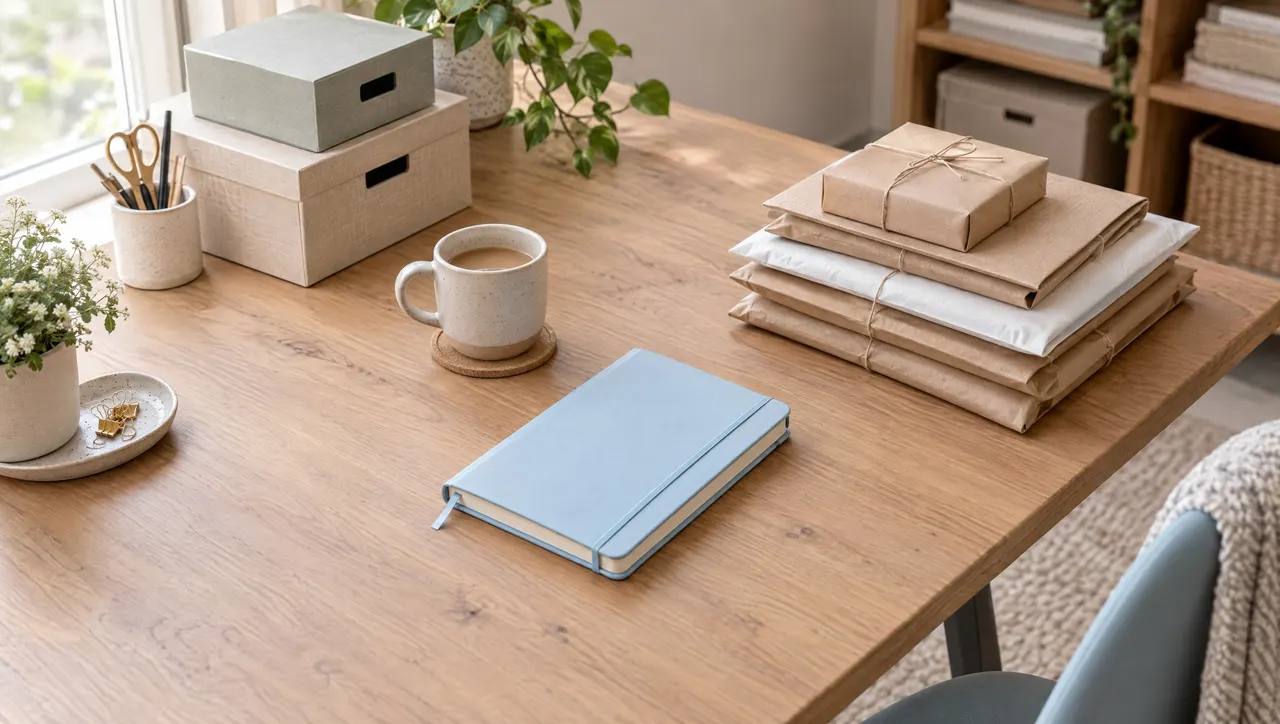 A calm, organised home-office corner for a small business owner: labelled-free storage boxes, a closed pale-blue planner, a mug and a neat stack of parcels ready to post.
