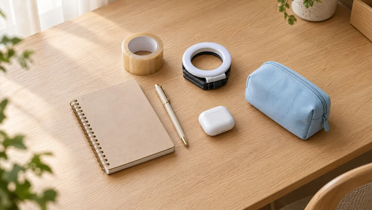 A compact flat-lay of a solo seller's everyday kit on a light oak desk: a spiral notebook, a pen, a roll of packing tape, a small folded ring light, earbuds case and a pale-blue zip pouch.