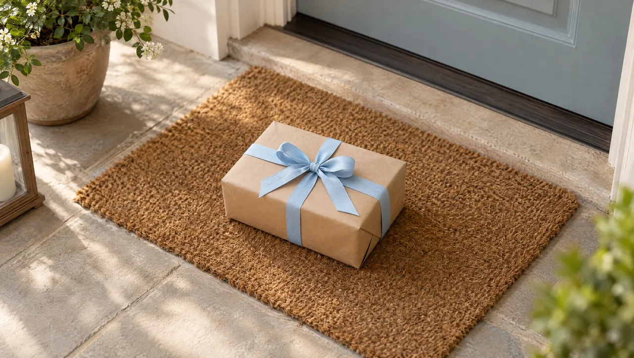 A single wrapped parcel on a doorstep mat in soft morning light, tied with pale-blue ribbon, a calm sense of arrival.