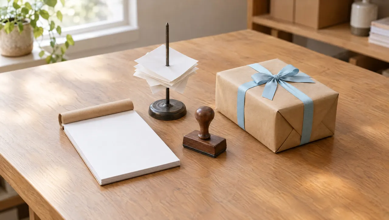 A counter with a blank paper invoice pad, a receipt spike holding a few blank slips, and a rubber stamp beside a wrapped parcel tied with pale-blue ribbon.