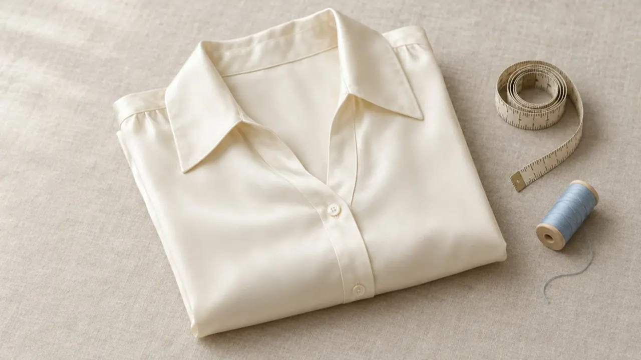 A folded ivory silk blouse beside a tape measure and a pale-blue spool of thread