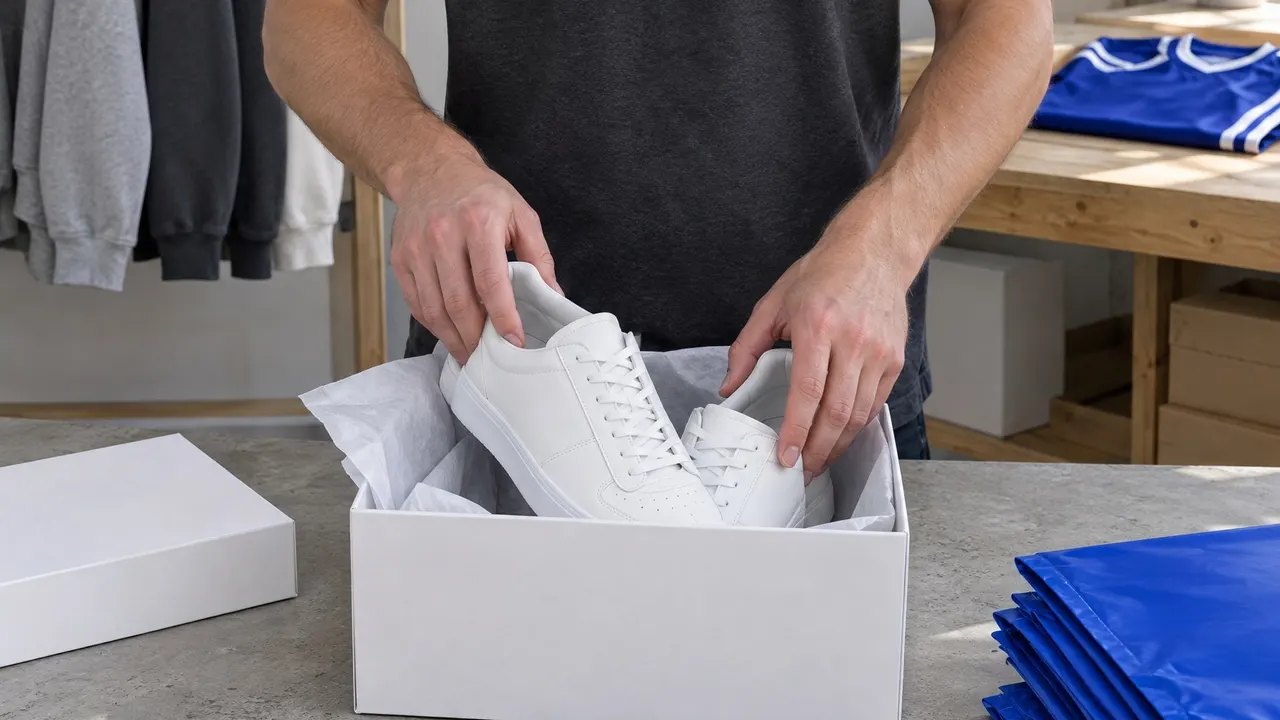 Hands placing a pair of white sneakers into a box with tissue paper