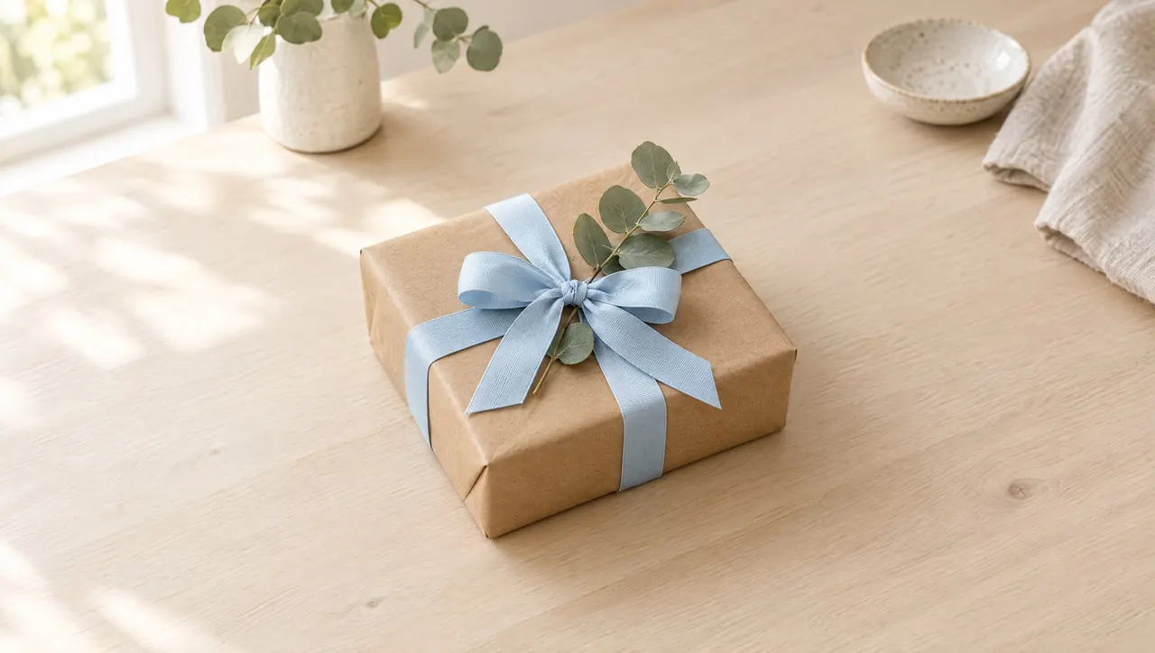 A bright minimal table with one beautifully wrapped kraft parcel, pale-blue ribbon, and a small sprig of eucalyptus, clean and welcoming.