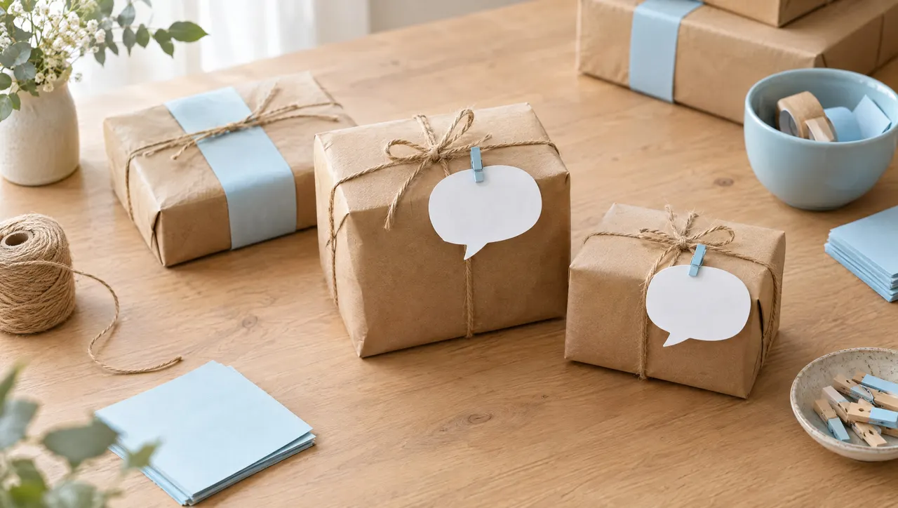A home seller's table with parcels being prepared for customers, blank paper speech-bubble cut-outs clipped to two of them, pale-blue accents, friendly and conversational.