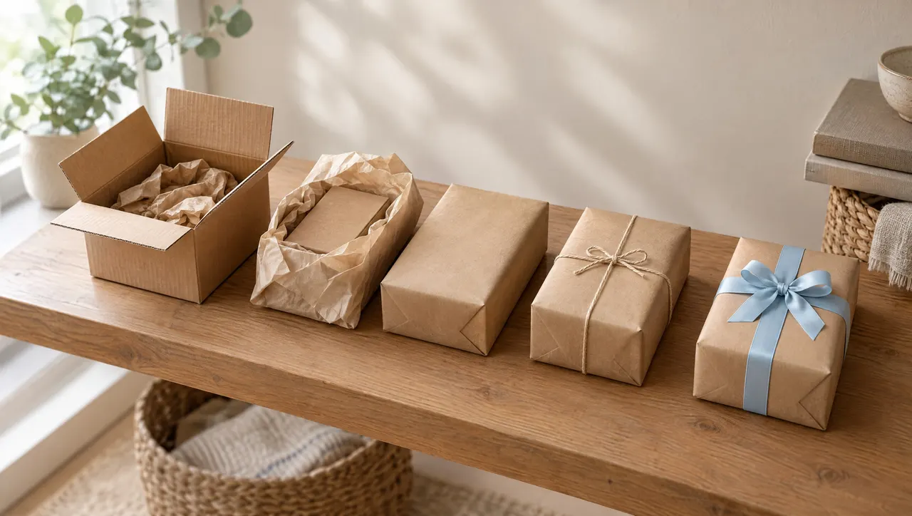 Several parcels at different stages on a shelf, from open box to fully wrapped with pale-blue ribbon, softly lit.