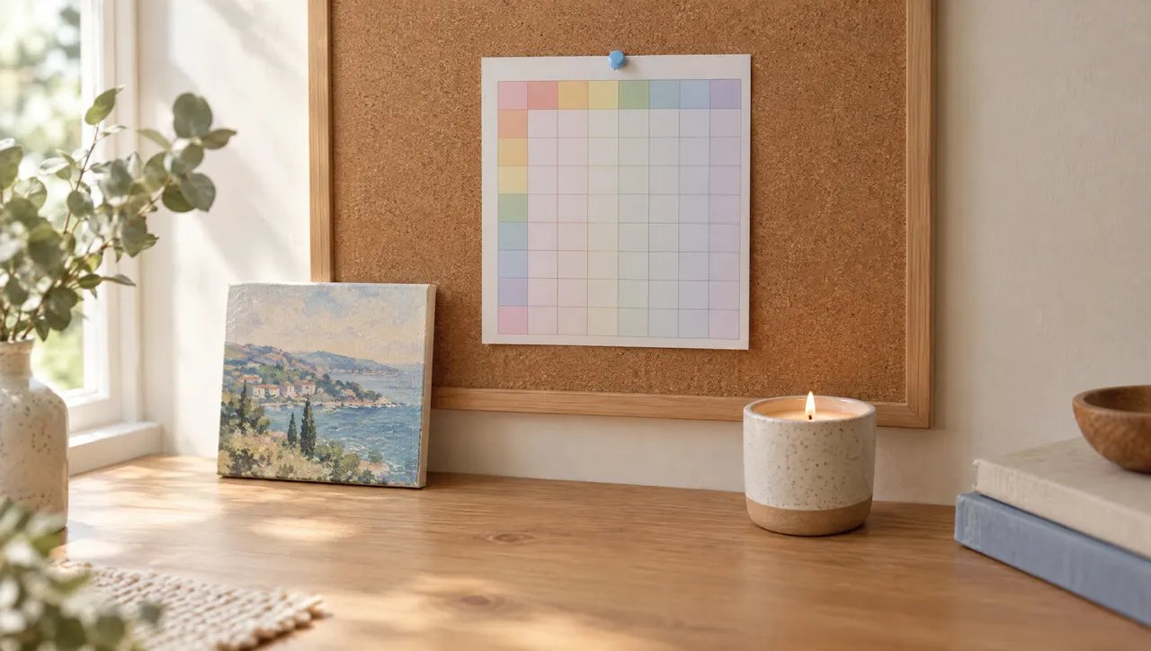 A desk with a colourful but blank paper grid chart pinned to a corkboard and a few custom products (a small painting, a candle) waiting below, one pale-blue pin.