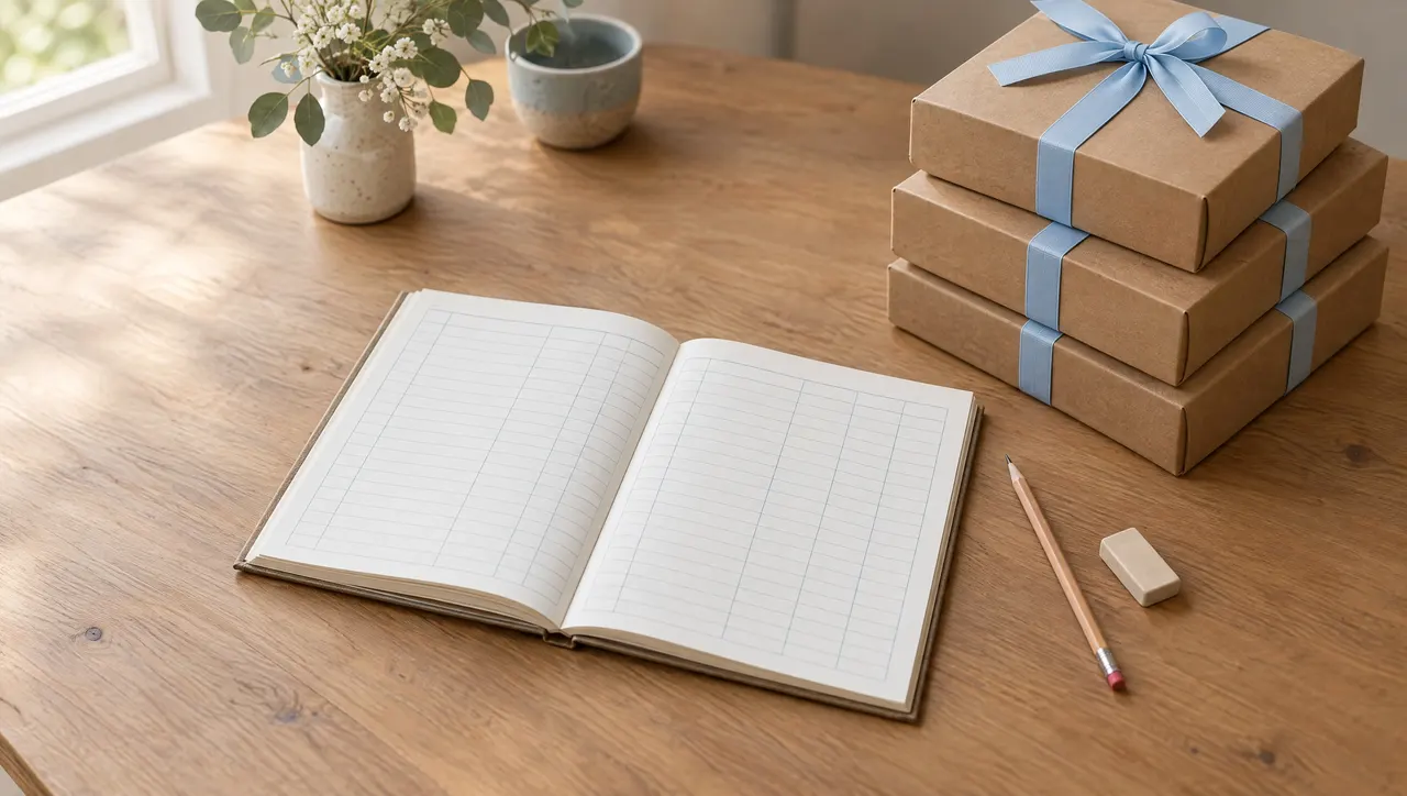 A paper ledger with an empty ruled grid, a pencil, and an eraser beside a stack of custom orders in kraft boxes with pale-blue ribbon.