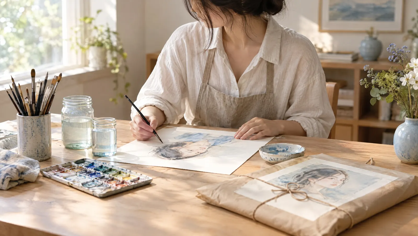 An illustrator painting a commissioned watercolour portrait, with a finished piece wrapped for delivery