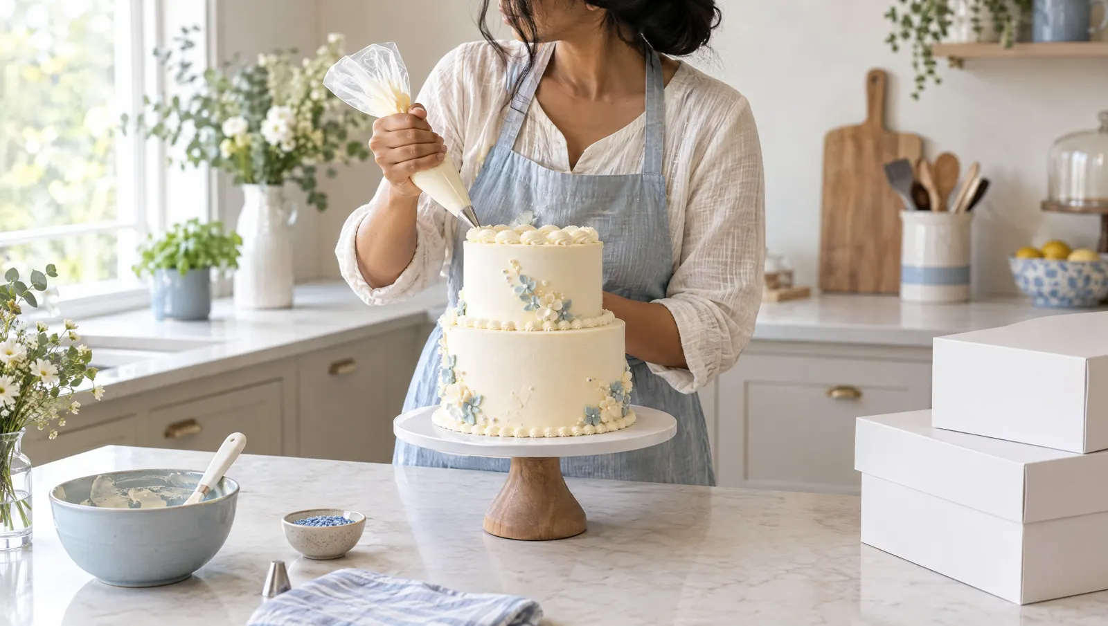 A home baker piping buttercream onto a two-tier celebration cake, with cake boxes ready nearby