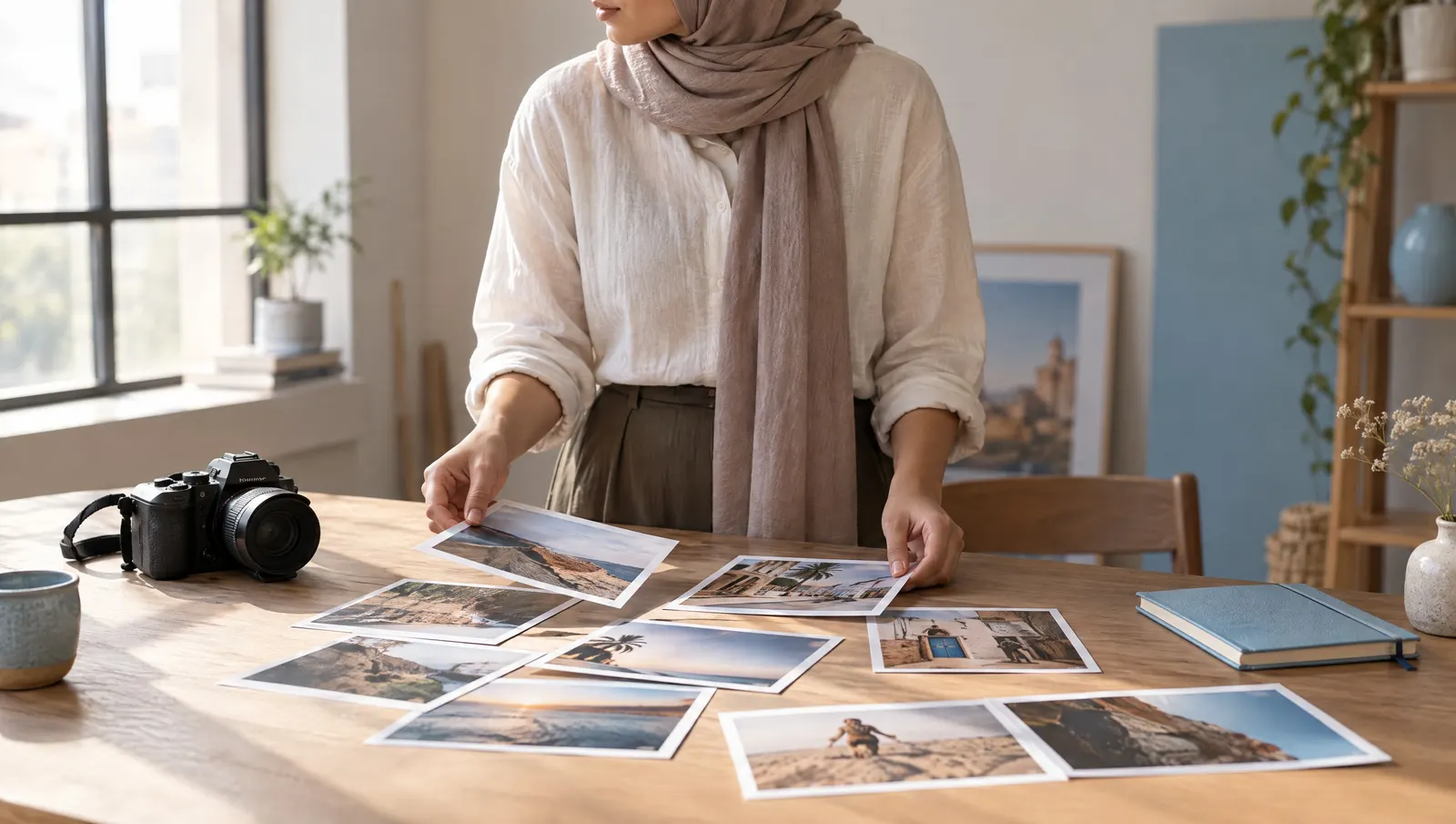 A freelance photographer sorting printed photo proofs on a studio table