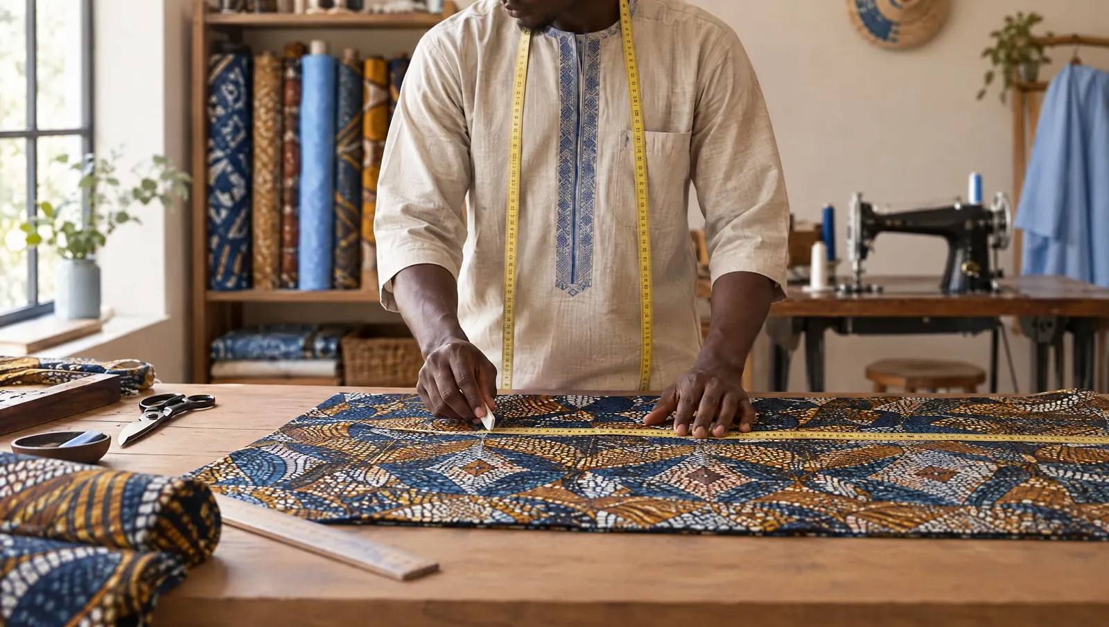 A tailor measuring patterned fabric at a cutting table, with fabric bolts and a sewing machine behind
