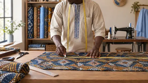 A tailor measuring patterned fabric at a cutting table, with fabric bolts and a sewing machine behind