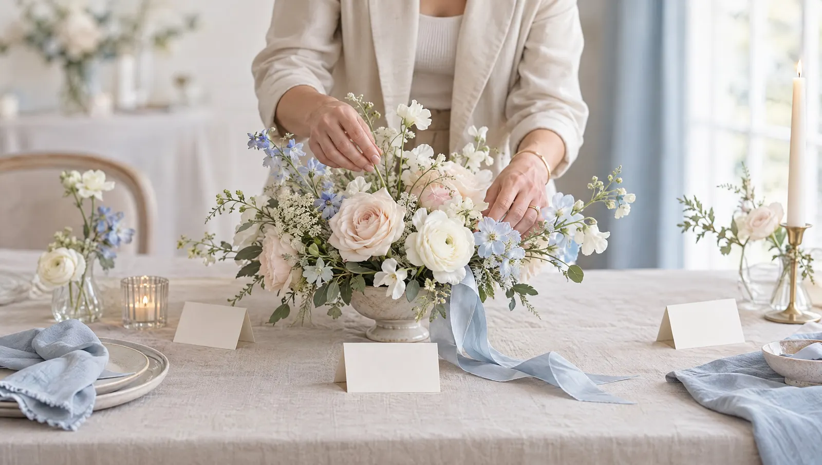 A wedding planner arranging a floral table sample with ribbon and place cards