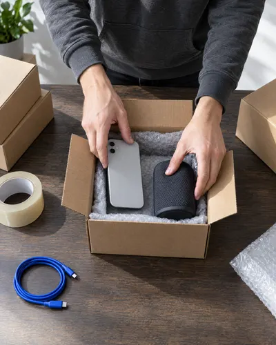 Hands packing a phone and a portable speaker into a padded shipping box