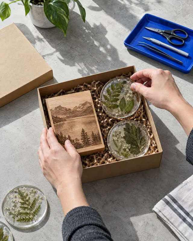 Hands placing resin coasters and an engraved wooden block into a gift box