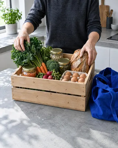 Hands packing fresh vegetables, bread and eggs into a delivery crate