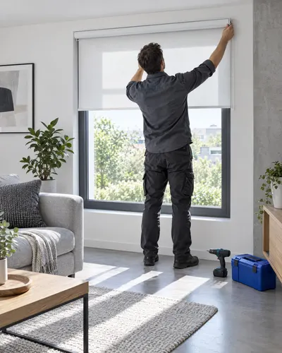 A fitter installing a white roller blind at a living-room window