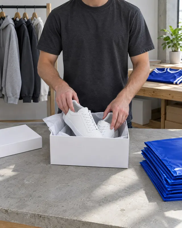 White leather sneakers being packed into a box